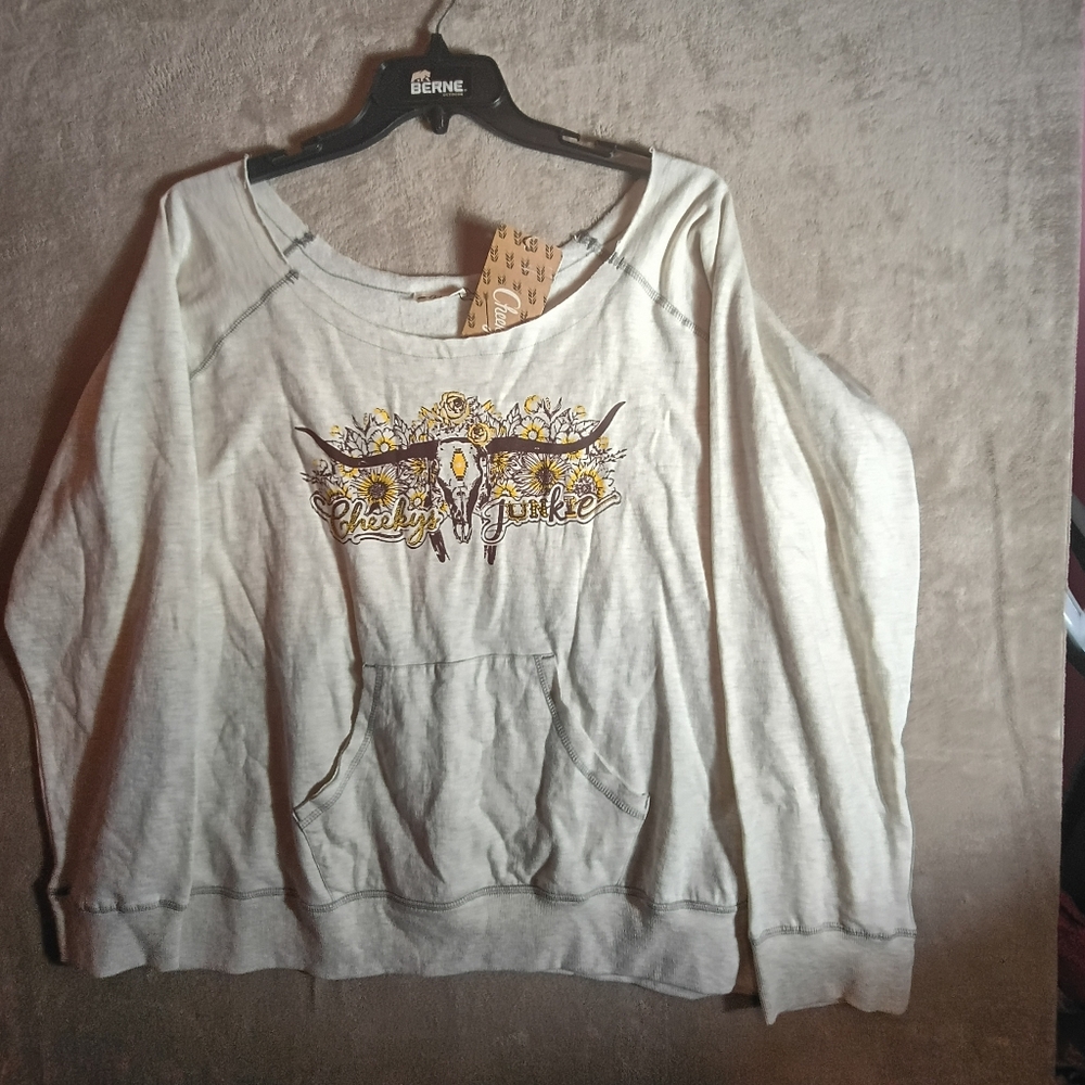 Cheekys “Cheeky Junkie” Off-Shoulder Sweatshirt XX Gray Floral Cow Skull Graphic